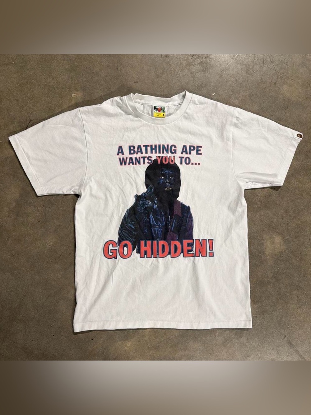 Bape White 'Go Hidden!' Graphic Tee with Navy & Red Print